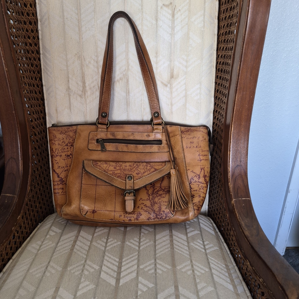 Vintage Patricia Nash Tan Cognac Map-Print Leather Shoulder Bag